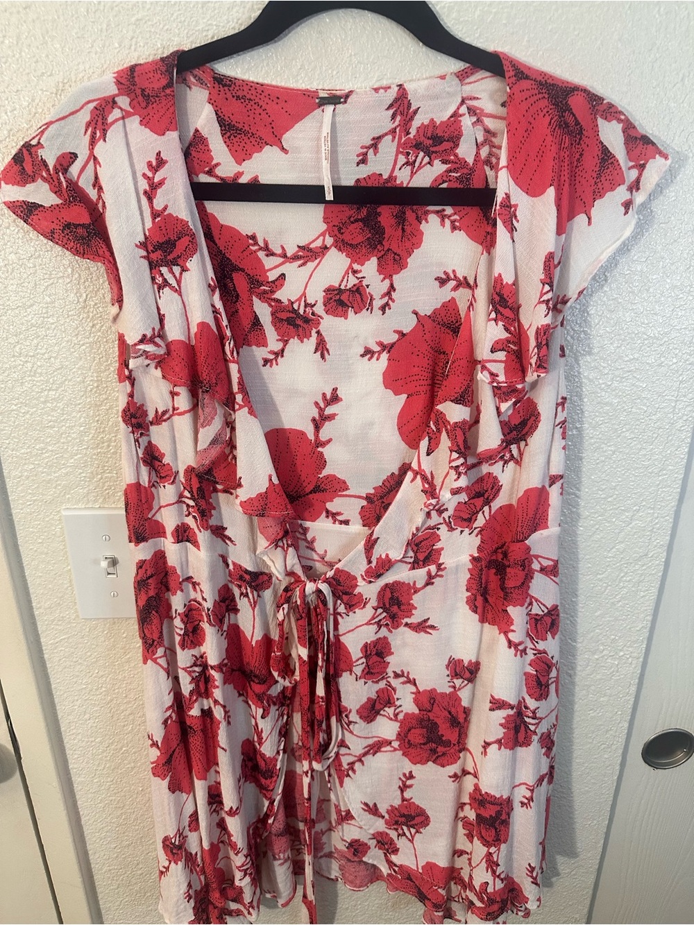 Free People White Mini Wrap Dress with Pinkish Red Floral Pattern